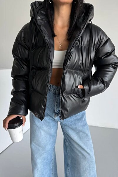 gm giyimarket Women's Premium Leather Puffer Coat