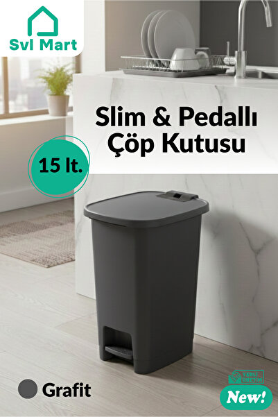 SVL MART 15 Litre Slim & Pedallı Plastik Çöp Kovası Çöp Kutusu İç Kovasız Sistem