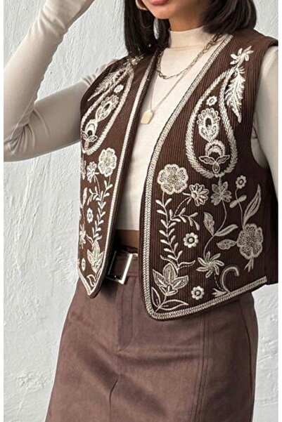 Desingadd Fitilli Kadife Nakışlı Yelek Kahverengi