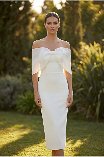 berissima bride Madonna Yaka Nikah, İsteme Elbisesi, Midi Yırtmaçlı Etek, Kır...