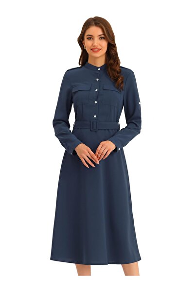 Allegra K Elegant Maxi Dress with Buttons, Tunic Collar, Rolled Sleeve, With ...