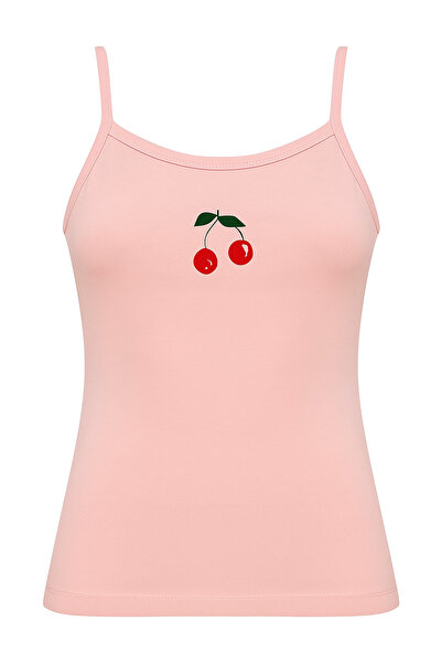 OBJE Women's Pink Cherry Patterned Lycra Cotton Strap Tank Top