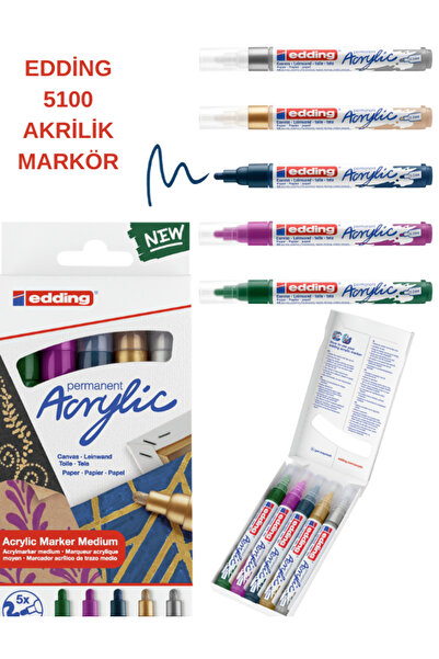 Edding 5100 Akrilik Markör Metalik 5’li Set – Parlak Metalik Renkler, Çok Yüz...