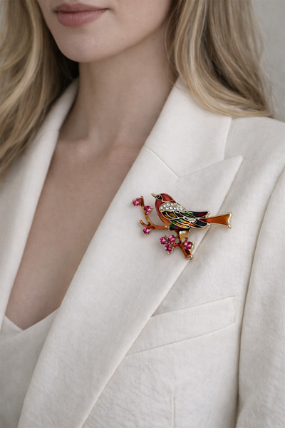 Modex Taşlı Çiçek Tasarımlı Renkli Kuş Broş (6cm)
