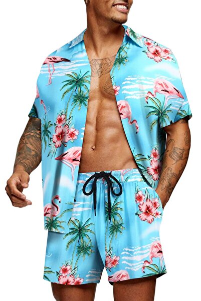 COOFANDY Σετ Χαβανέζικου Πουκαμίσου, Με φλοράλ μοτίβο Φλαμίνγκο, Κοντό Μανίκι...