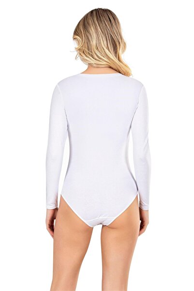 OBJE Women's White Combed Cotton Modal Open Collar Long Sleeve Snap Fastener ...