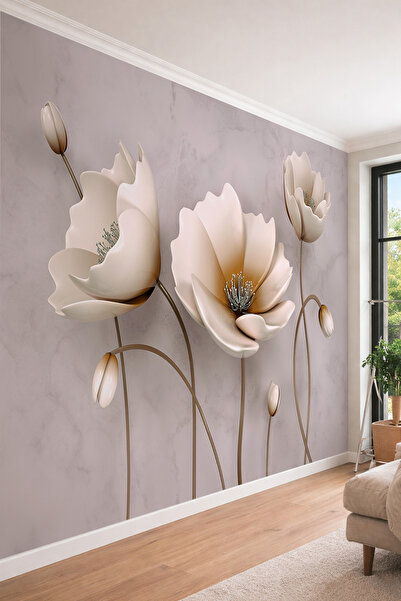 dreamwall 3D Modern İpek Çiçekler - Antrasit Mermer Fonlu Tek Parça Tekstil D...