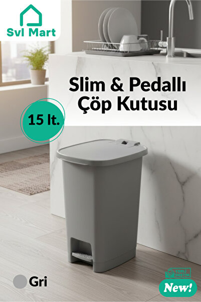 SVL MART 15 Litre Slim & Pedallı Plastik Çöp Kovası Çöp Kutusu İç Kovasız Sistem