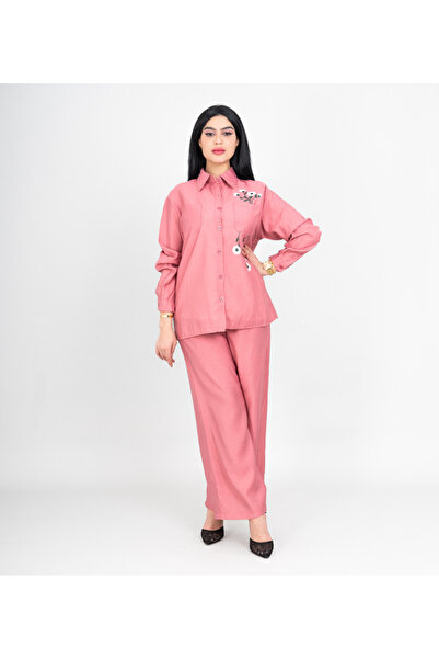 IKKXA Modern Two-Piece Outfit Soild Shirt and Pants Embroidery Side Details