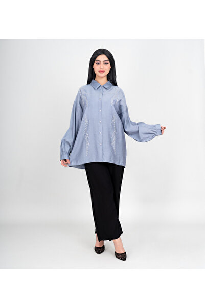 IKKXA طقم عصري من قطعتين: قميص وبنطال، بتفاصيل تطريزية