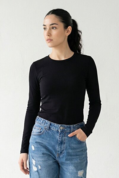 Mood Lab Kadın Basic Uzun Kol Bisiklet Yaka Likrasız Slim Fit Tişört