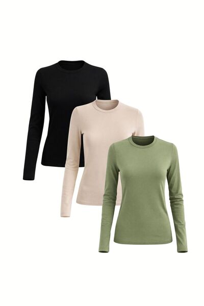 Mood Lab Kadın 3'li Basic Uzun Kol Bisiklet Yaka Likrasız Slim Fit Tişört