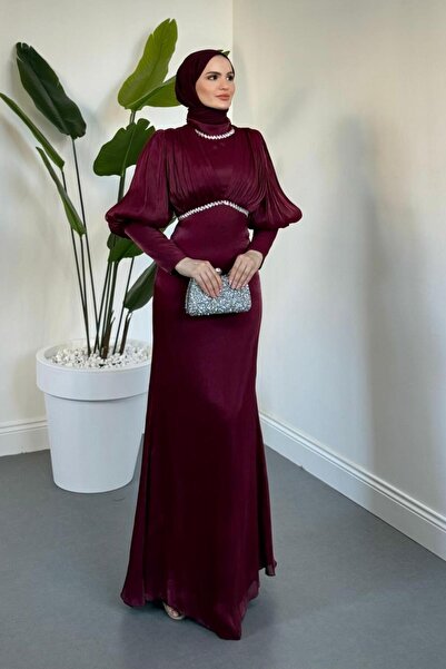 MERVEN AKYÜZ Ombrella Balon Kol Jan Jan Kumaş Abiye Mürdüm