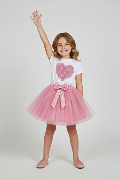 FATELLA تي شيرت بناتي وردي بتصميم قلب مع تنورة توتو وردية، طقم ملابس عرض لـ 2...