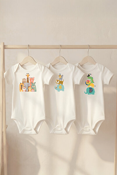 LilJoy Organic 100% Cotton Animal Figure Printed Short Sleeve Baby Bodysuit w...