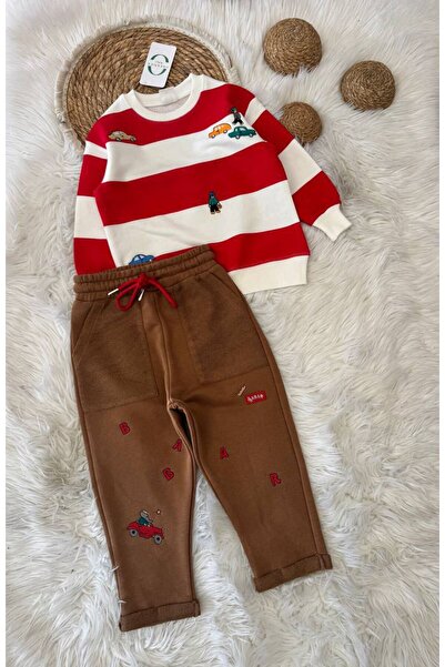 babymoon kids Boy's Red Striped Car Embroidered Sweatshirt and Brown Sweatpan...