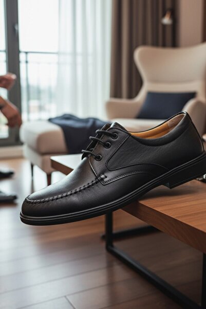 enoch Genuine Leather Black Orthopedic Men's Dad Shoes with Front Stitching D...
