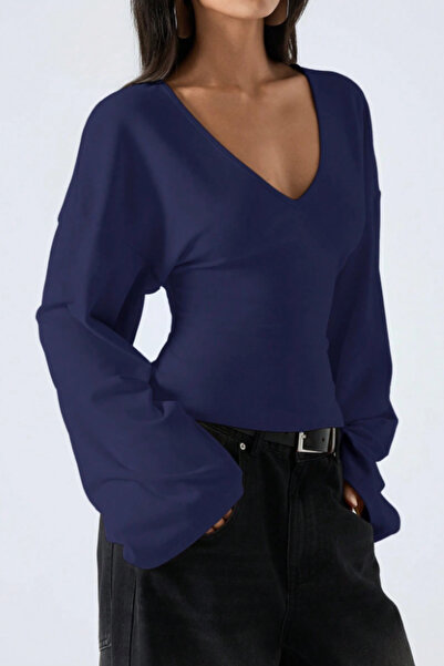 Tarz Cool Дамска блуза с V-образно деколте, дълги ръкави и колан