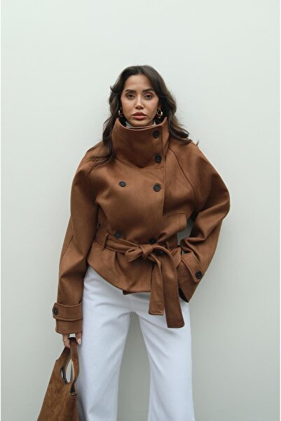 Havoş Taba Sams High Collar Belted Suede Jacket