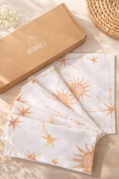 Jr Bunnies Baby Muslin Mouth Wipes Sun Patterned Set of 5 – Soft and Absorben...