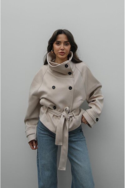 Havoş Beige Sams High Collar Belted Suede Jacket