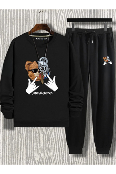ALCİNOUS Unisex Oversize Black Tracksuit Set Dareto Printed Crew Neck Sweatsh...