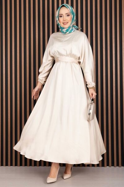 EBRUTESETTÜR Beli Gathered Belted Hijab Dress Beige