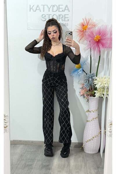 KATYDEA STORE Black Wide Leg Jeans with Stamped Crystals ANAIS