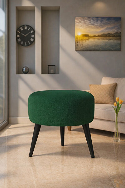 WATERYBROOK Yuvarlak Puf Welsoft Kumaş Siyah Ahşap Ayaklı - Makyaj - Yatak Uc...