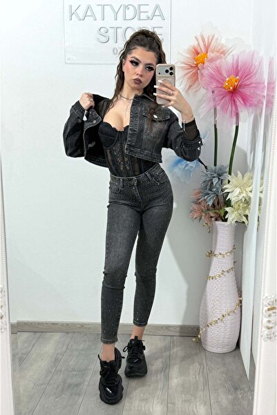 KATYDEA STORE Gray Skinny Jeans with Crystals DANNA