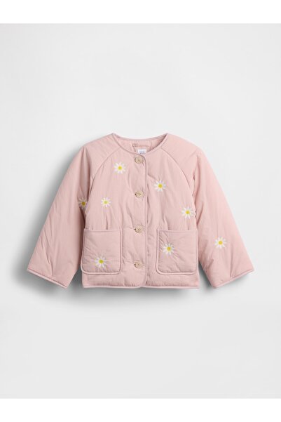 GAP Kız Bebek Açık Pembe Floral Embroidered Kapitone Ceket