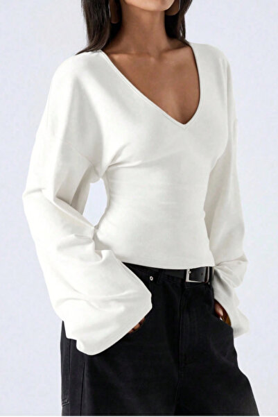 Tarz Cool Kadın V Yaka Uzun Kollu Belden Oturtmalı Bluz