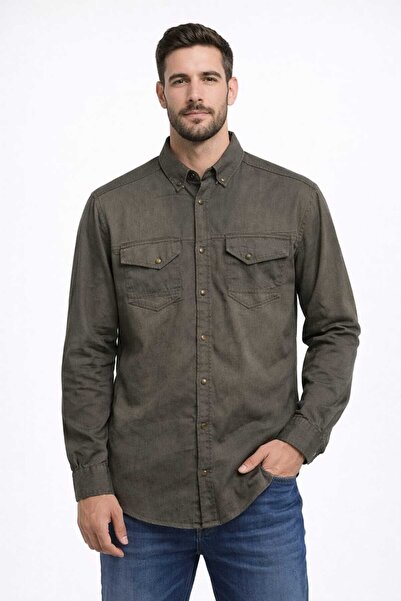 Malkan Erkek Taşlanmış Haki Kot Gömlek