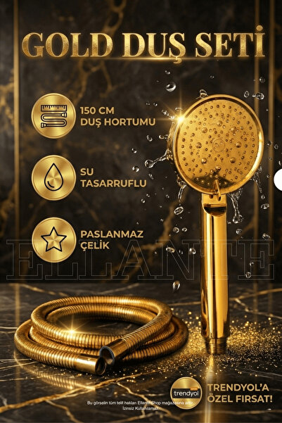 ellante Gold Duş Başlıgı Ve Gold Paslanmaz Kaliteli Duş Hortumu Gold Duş Seti...