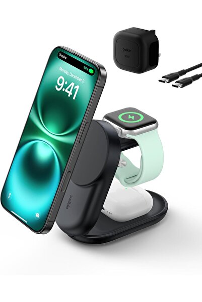Belkin شاحن لاسلكي مغناطيسي فائق السرعة بقوة 25 واط، 3 في 1، معتمد من Qi2، مت...