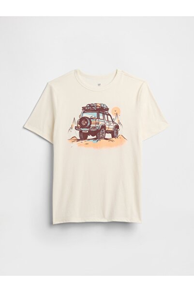 GAP Erkek Çocuk Kırık Beyaz Grafik Baskılı T-Shirt
