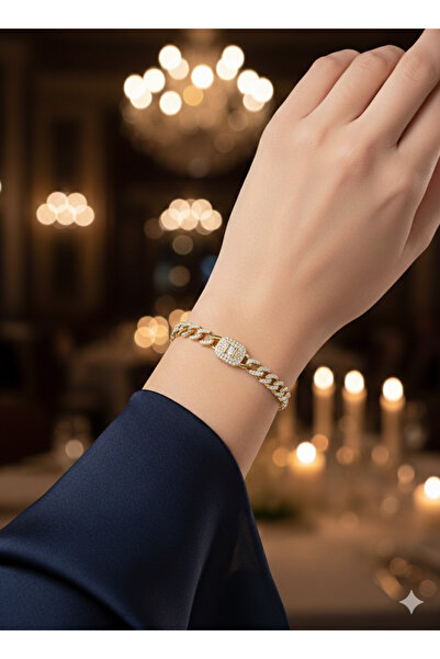 iz accessories 16 Gold Kaplama Baget Taşlı Küba Zincir Bileklik - Işıltılı Cu...