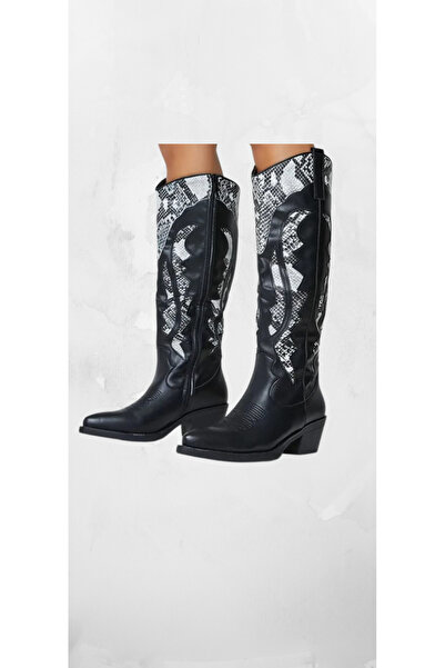 China Black cowboy boots with snake print – modern western style