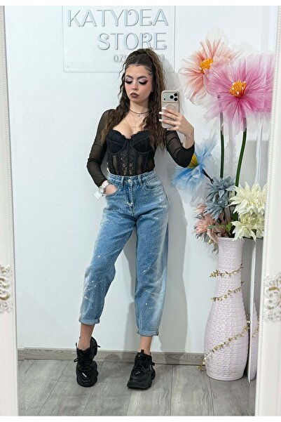 KATYDEA STORE Blue Momfit Jeans with Crystals CARLA