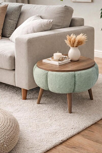 KOKİ DESİGN Papatya Wellsoft Yeşil Kumaş Kaplamalı Yuvarlak Çap 45 cm Yan Sehpa