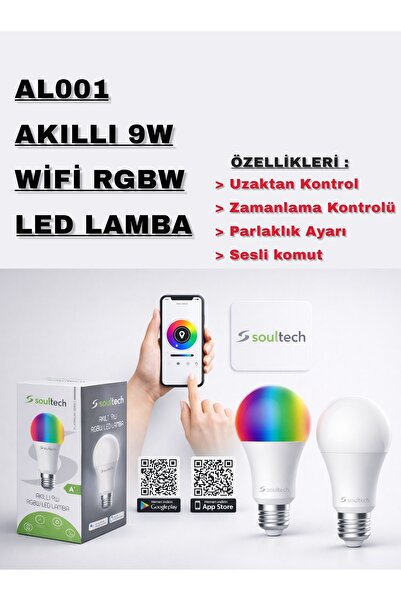 instatech Akıllı WiFi LED Ampul 9W RGBW – Uygulama ile Kontrol, 16 Milyon Ren...