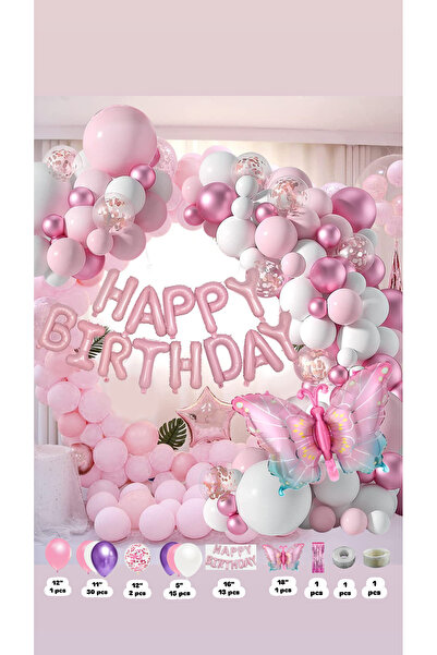 partyy bag Kelebek Temalı Pembe Doğum Günü Balon Seti