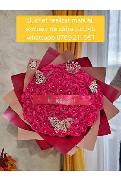 Store.sedas Buchet 101 trandafiri de sapun roz fucsia cu accesorii Te iubesc,...