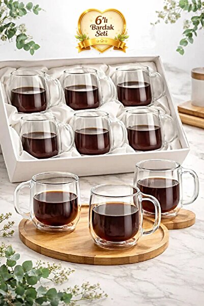 Tilbe Home 6'lı Çift Cidarlı Bardak 350 ml Ev Ofis Çay Fincanı Kahve Sunum Ba...