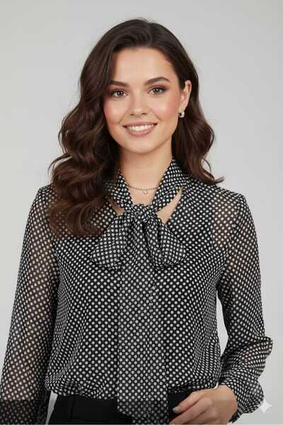 NEWBRA LINGERIE Kadın boynunda kuşak bağlama detaylı puantiyeli şifon gömlek