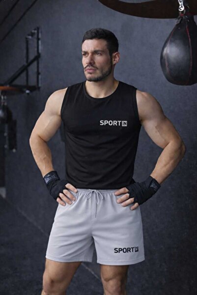 TREND ALİSSE 2-Piece Set Dynamic Set Men's Gray Shorts and Black Tank Top Spo...