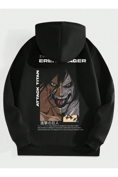 Marco Fresco سويت شيرت أسود بطباعة خلفية من إيرين ييغر مع جيوب وصوف داخلي