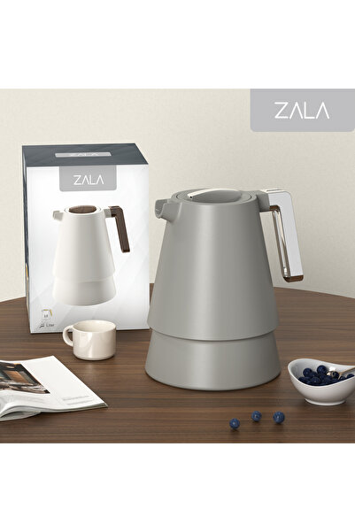 ZALA ترمس عصري رمادي فاتح سعة 1 لتر بمقبض مطلي بالفضة - بطانة زجاجية معزولة ل...