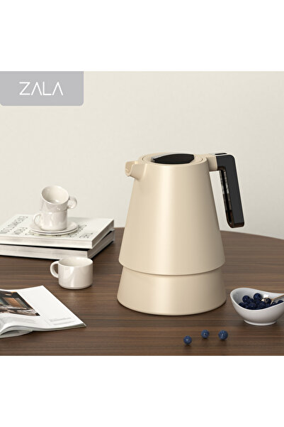 ZALA ترمس عصري بيج سعة 1 لتر بمقبض أسود لامع - بطانة زجاجية معزول حرارياً للم...