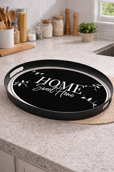 Blackstar Home Sweet Home Desenli Oval Tepsi Siyah